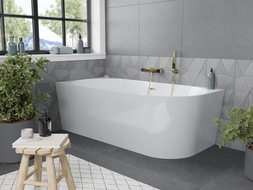 Baignoire Mexen Mia autonome gauche 150 x 75 cm, blanche, avec trop-plein en or brossé - 52691507500L-55