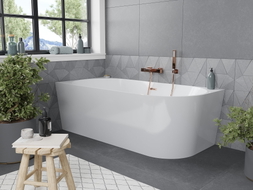 Mexen Mia baignoire autoportante d'angle gauche 150 x 75 cm, blanche, trop-plein en cuivre brossé - 52691507500L-65