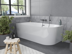 Baignoire Mexen Mia d'angle à poser gauche 150 x 75 cm, blanche, trop-plein en métal - 52691507500L-95