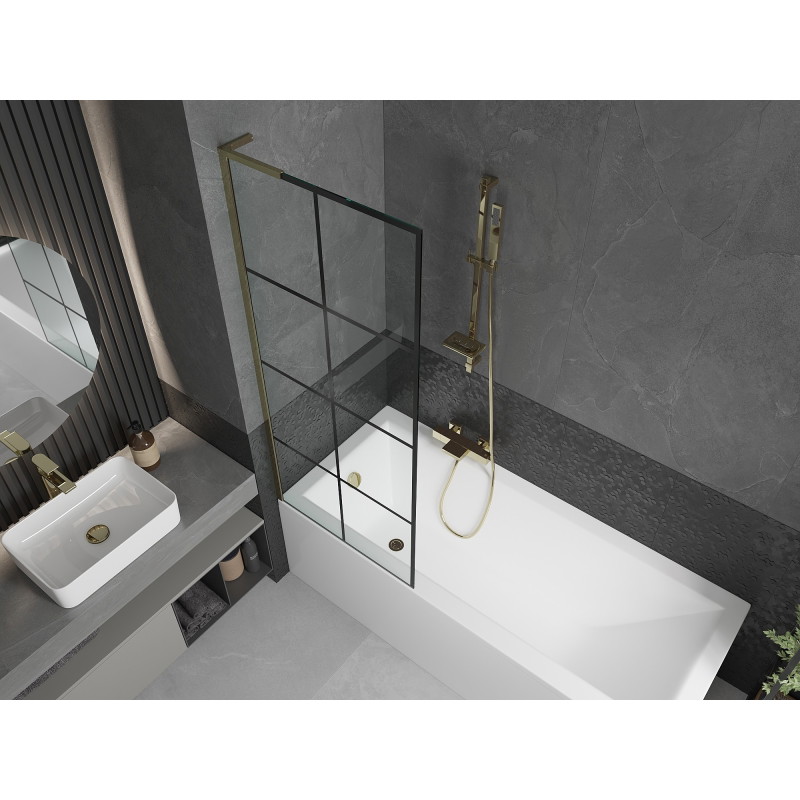 Mexen Next L paroi de baignoire 1 volet 70 x 150 cm, grille noire, doré - 895-070-000-03-77-50