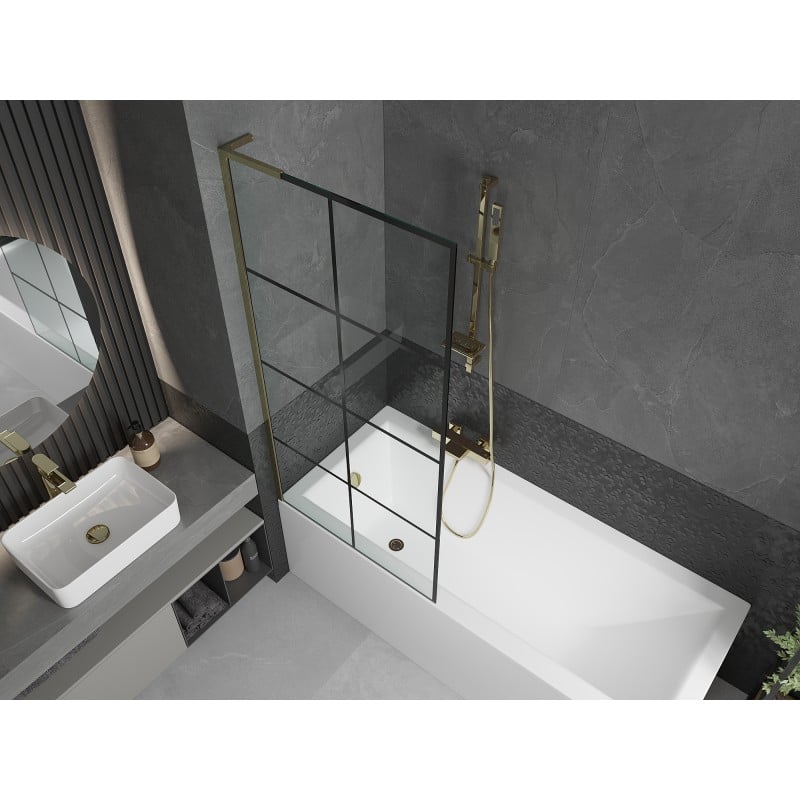 Mexen Next L paroi de baignoire à 1 volet 80 x 150 cm, grille noire, dorée - 895-080-000-03-77-50