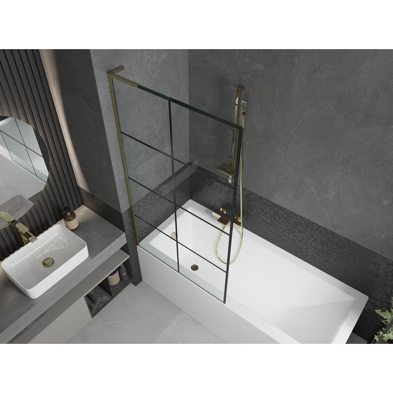 Mexen Next L paroi de baignoire à 1 battant 90 x 150 cm, grille noire, doré - 895-090-000-03-77-50
