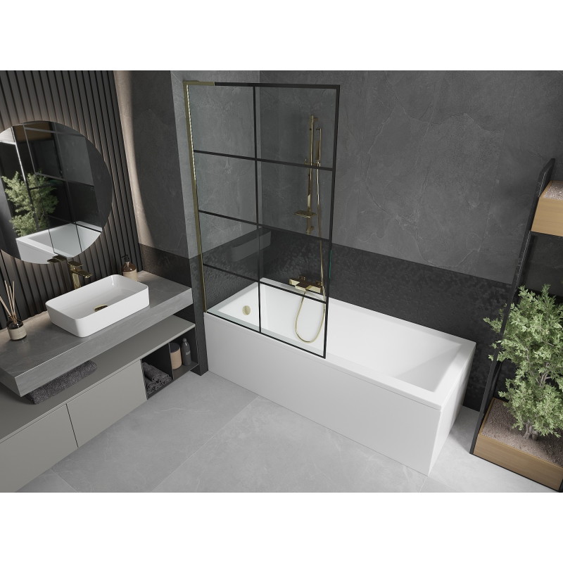 Mexen Next L paroi de baignoire à 1 volet 100 x 150 cm, grille noire, or - 895-100-000-03-77-50