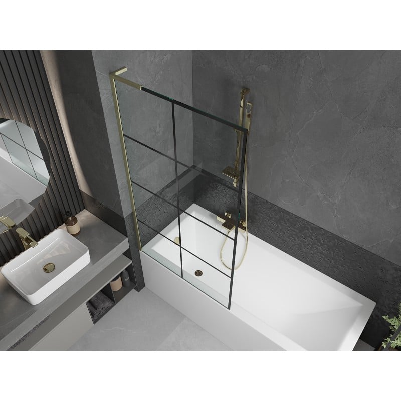 Mexen Next L paroi de baignoire 1-volet 90 x 150 cm, grille noire, or brossé - 895-090-000-03-77-55