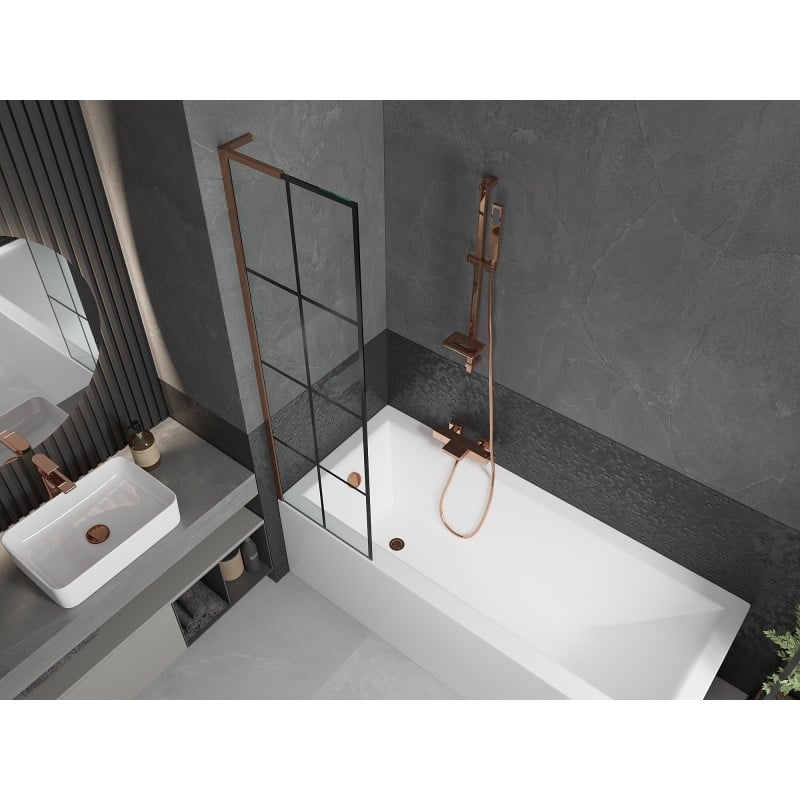 Mexen Next L paroi de baignoire à 1 vantail 50 x 150 cm, grille noire, or rose - 895-050-000-03-77-60