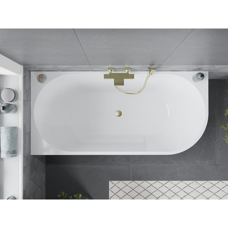 Mexen Mia baignoire autoportante d'angle gauche 150 x 75 cm, blanche/noire, trop-plein doré brossé - 52691507575L-55