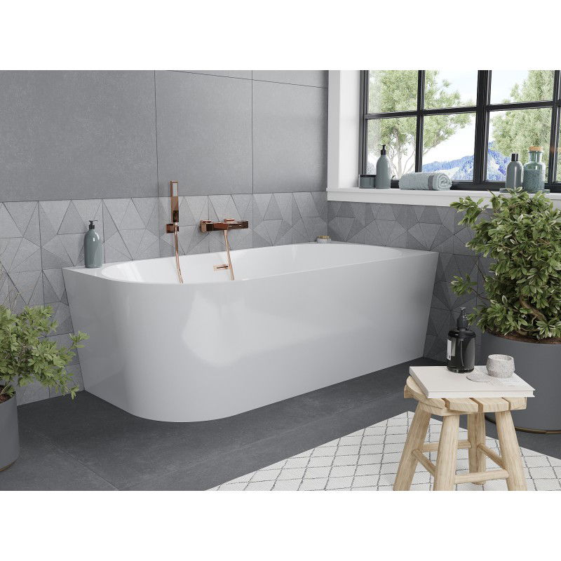 Mexen Mia baignoire autoportante d'angle droite 150 x 75 cm, blanche, trop-plein cuivre brossé - 52691507500P-65