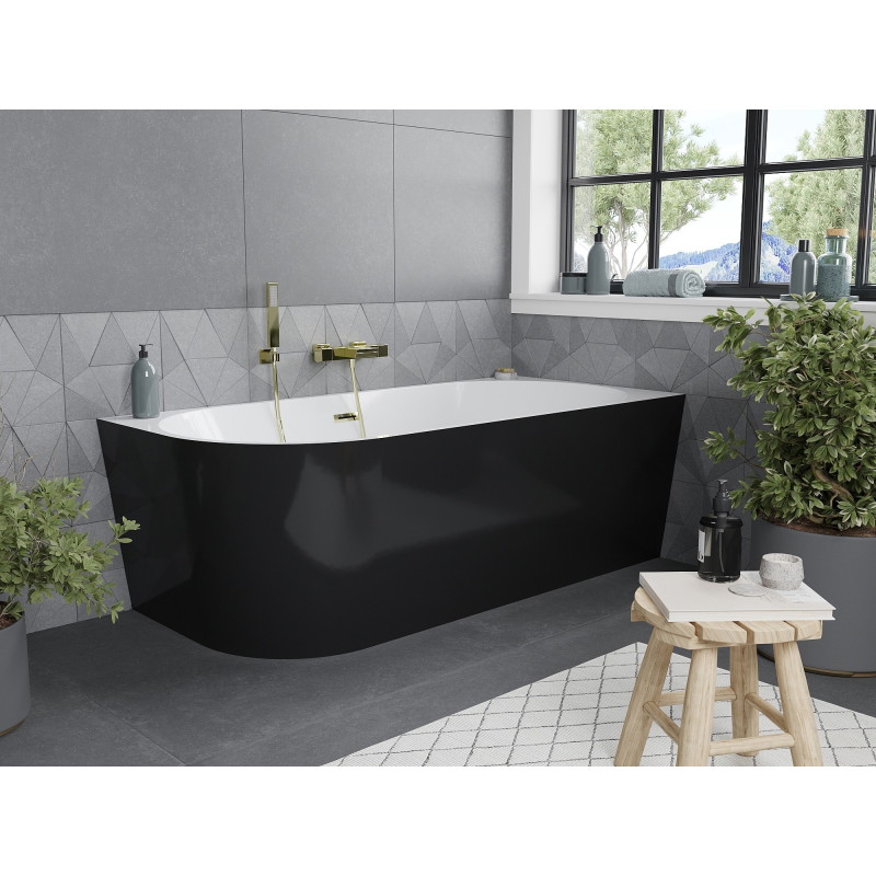 Mexen Mia baignoire autoportante d'angle droite 150 x 75 cm, blanche/noire, trop-plein doré - 52691507575P-50