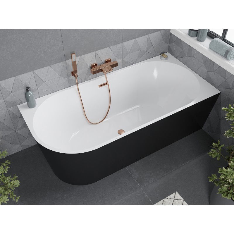 Mexen Mia baignoire autoportante d'angle droite 150 x 75 cm, blanc/noir, trop-plein cuivre brossé - 52691507575P-65
