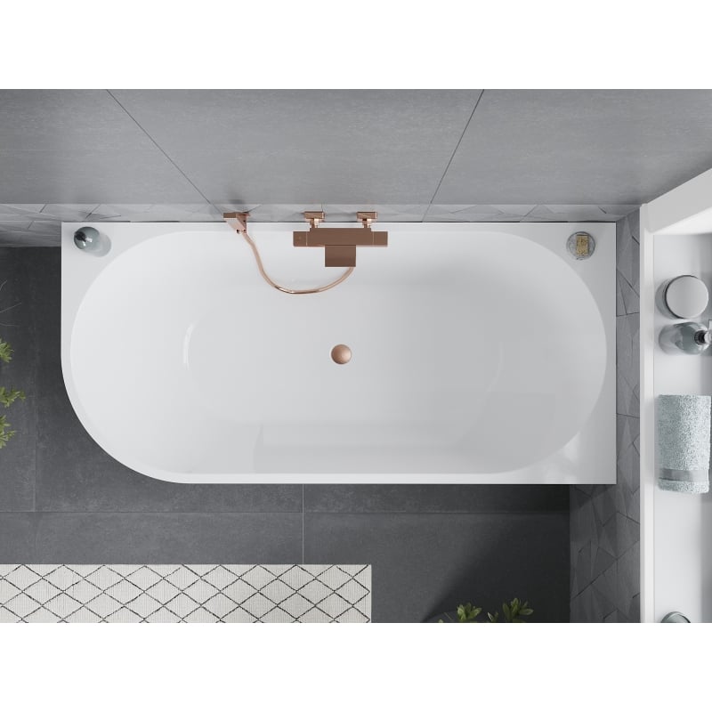 Mexen Mia baignoire autoportante d'angle droite 150 x 75 cm, blanc/noir, trop-plein en cuivre brossé - 52691507575P-65