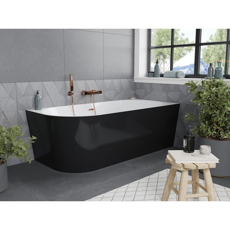 Mexen Mia baignoire autoportante d'angle droite 150 x 75 cm, blanc/noir, trop-plein cuivre brossé - 52691507575P-65