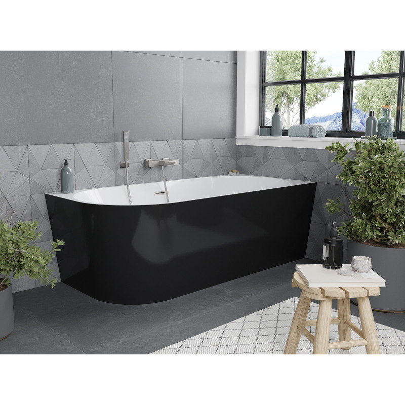 Mexen Mia baignoire autoportante d'angle droite 150 x 75 cm, blanche/noire, trop-plein nickel brossé - 52691507575P-97