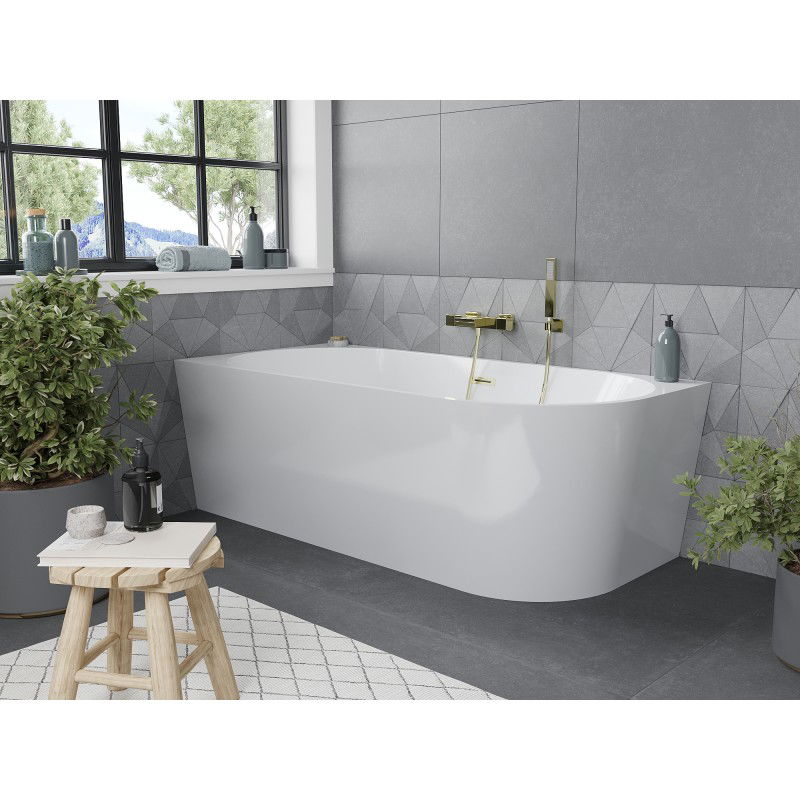 Mexen Mia baignoire autoportante d'angle gauche 180 x 80 cm, blanche, trop-plein doré brossé - 52691808000L-55