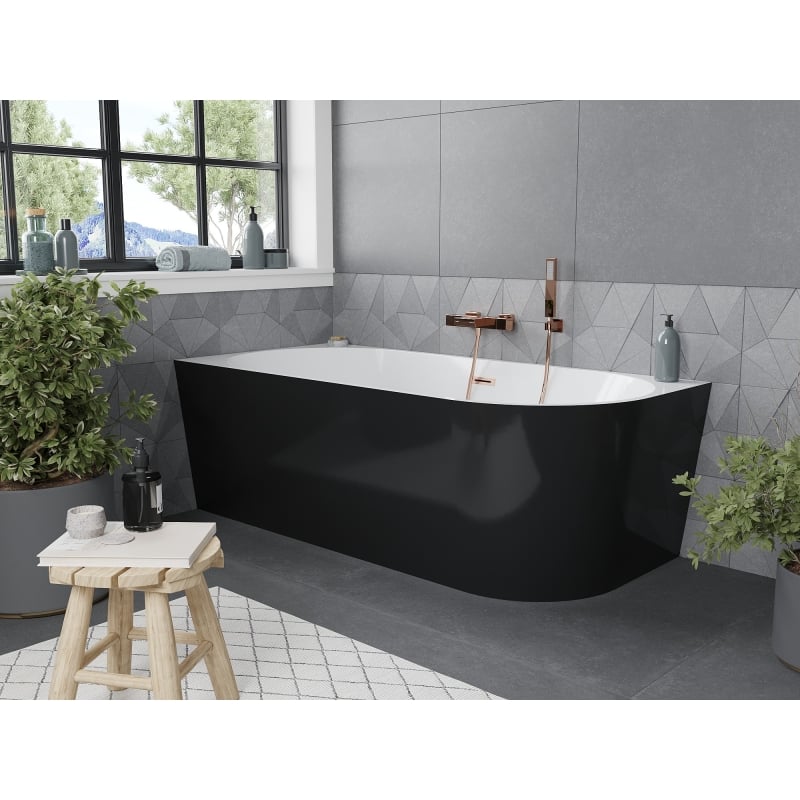 Mexen Mia baignoire autoportante d'angle gauche 180 x 80 cm, blanc/noir, trop-plein en cuivre brossé - 52691808075L-65