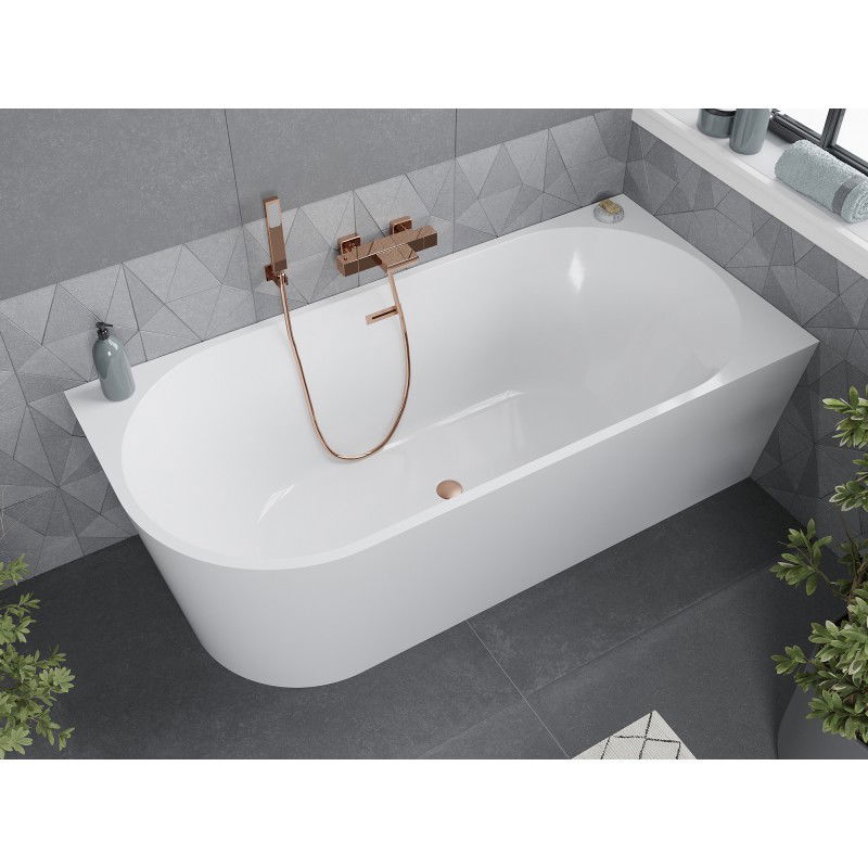 Mexen Mia baignoire autoportante d'angle droite 180 x 80 cm, blanche, trop-plein cuivre brossé - 52691808000P-65