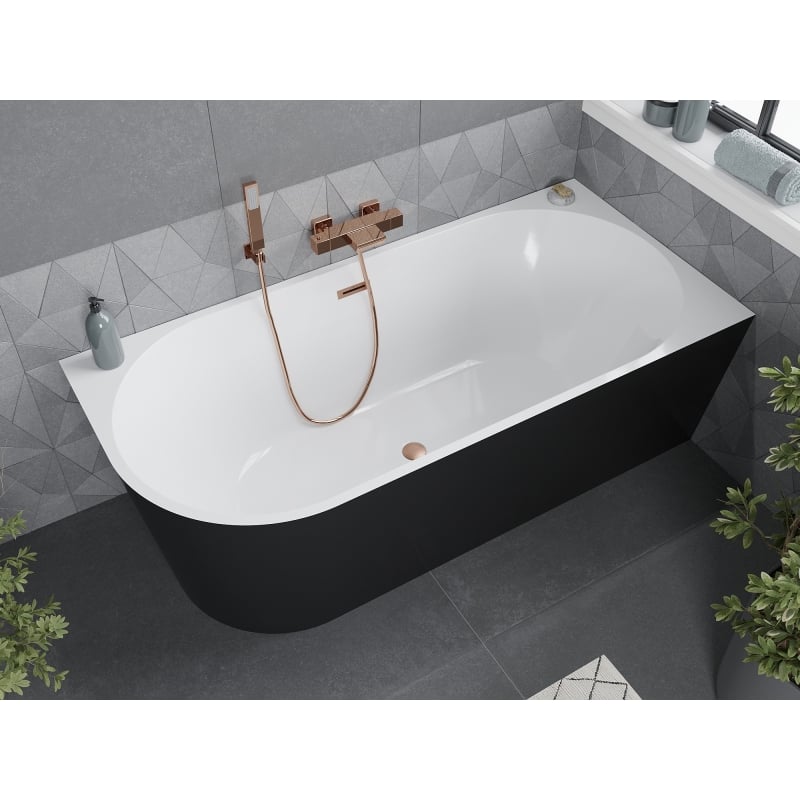Mexen Mia baignoire autoportante d'angle droite 180 x 80 cm, blanche/noire, trop-plein cuivre brossé - 52691808075P-65