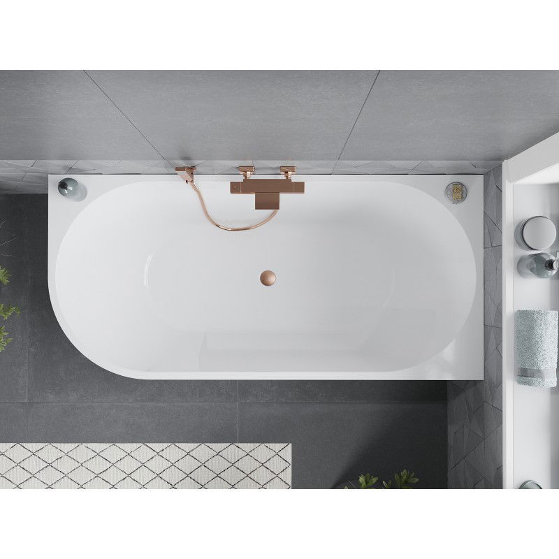 Mexen Mia baignoire autoportante d'angle droite 180 x 80 cm, blanc/noir, trop-plein en cuivre brossé - 52691808075P-65