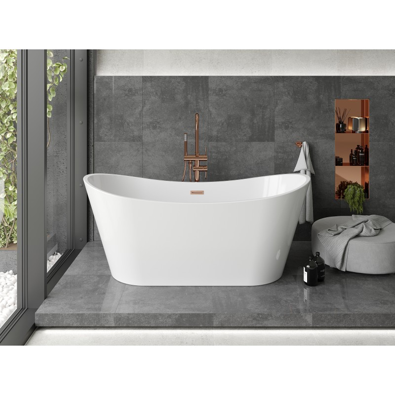 Mexen Montana baignoire autoportante 150 x 75 cm, blanche, trop-plein cuivre brossé - 52011507500-65