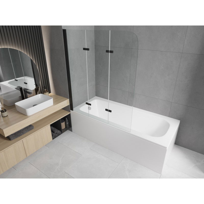 Mexen Vega baignoire rectangulaire 160 x 70 cm avec habillage et paroi de douche 3 volets 120 cm, transparent, noir
