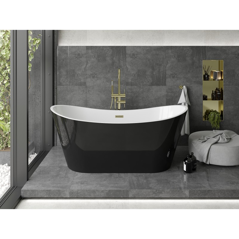 Mexen Montana baignoire autoportante 150 x 75 cm, blanche/noire, trop-plein doré brossé - 52011507575-55
