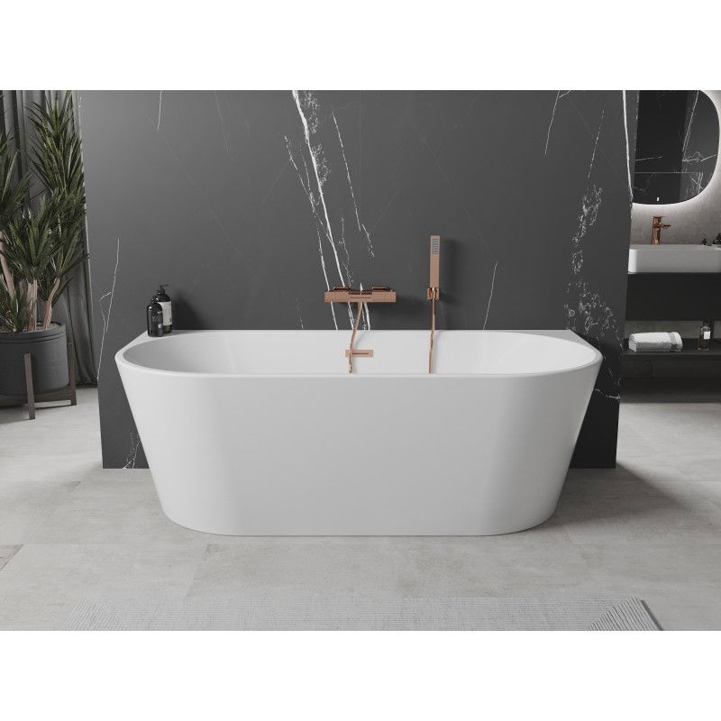 Mexen Oval baignoire autoportante adossée 140 x 75 cm, blanche, trop-plein en cuivre brossé - 52671407500-65