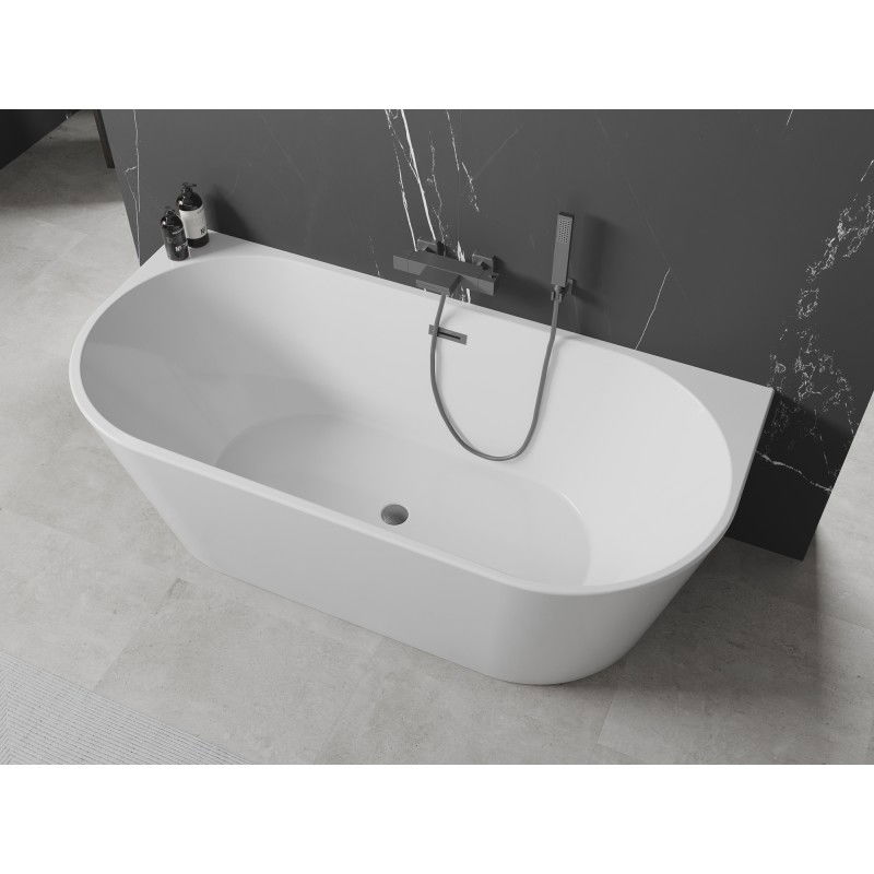Mexen Oval baignoire autoportante adossée 150 x 75 cm, blanche, trop-plein gris métallisé brossé - 52671507500-66