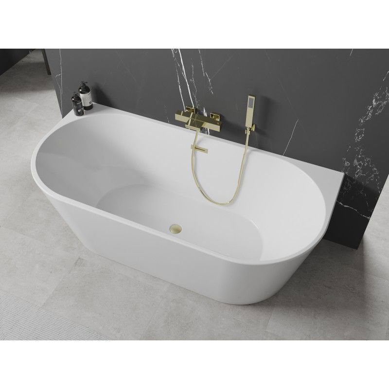 Mexen Oval baignoire autoportante murale 160 x 80 cm, blanche, trop-plein doré brossé - 52671608000-55