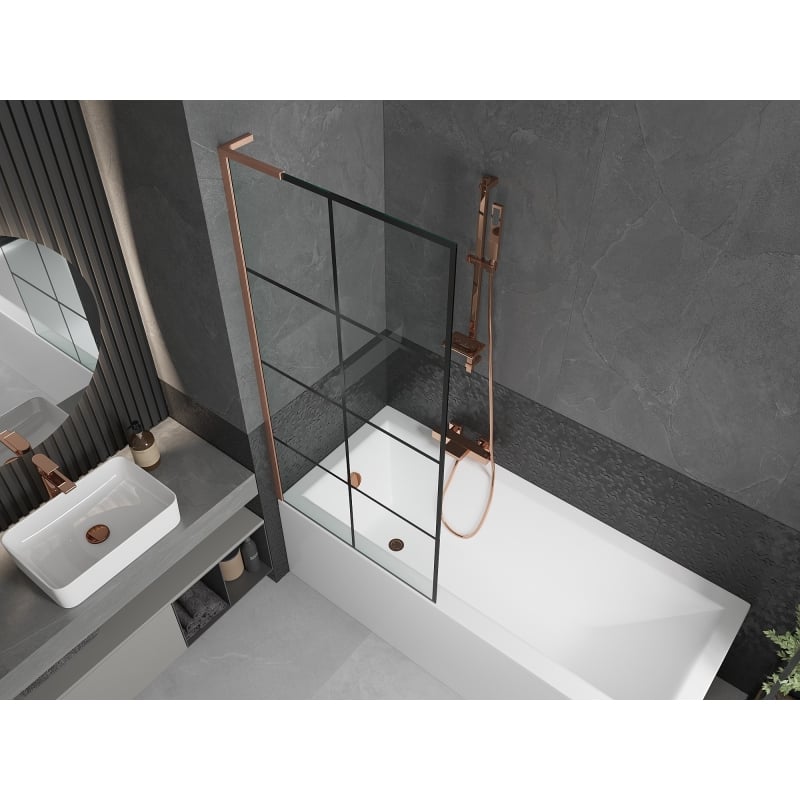 Mexen Next L paroi de baignoire à 1 vantail 80 x 150 cm, grille noire, cuivre brossé - 895-080-000-03-77-65