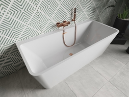 Mexen Volta baignoire autoportante murale 150 x 75 cm, blanche, débordement en laiton brossé - 51131507500-65