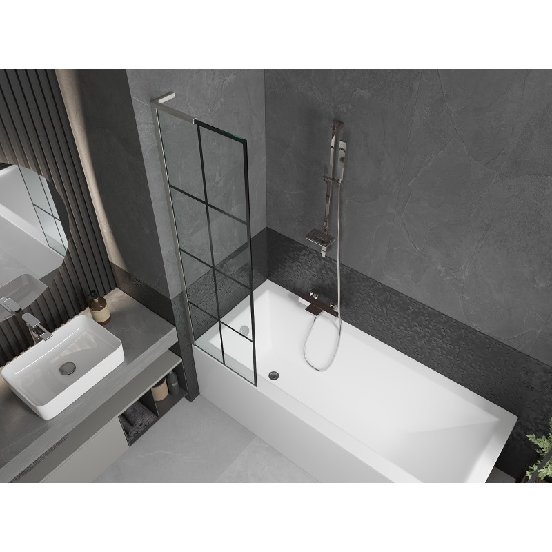 Mexen Next L paroi de baignoire à 1 vantail 50 x 150 cm, grille noire, nickel brossé - 895-050-000-03-77-97