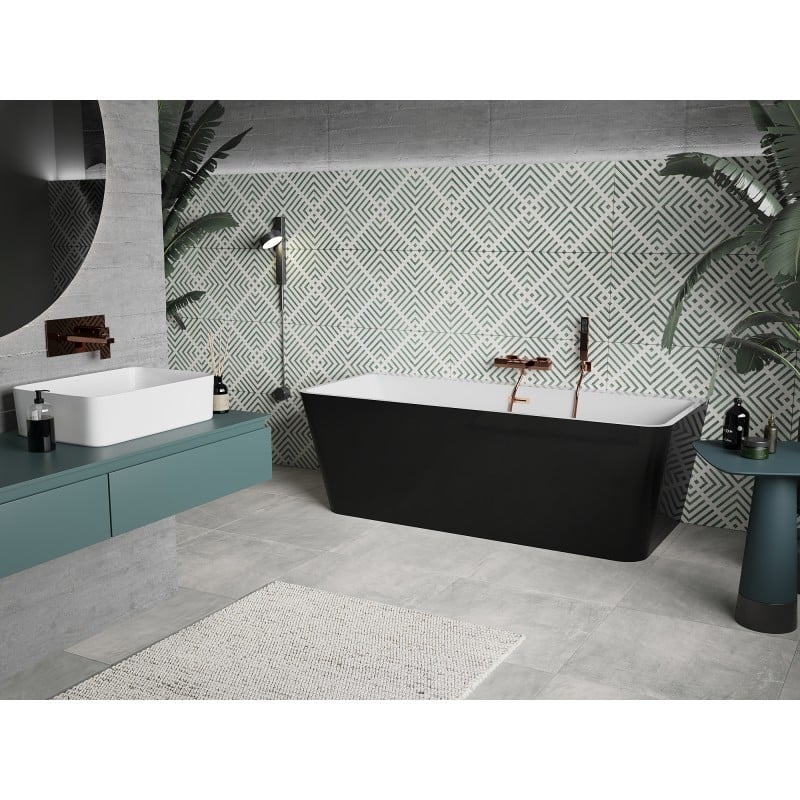 Mexen Volta baignoire autoportante adossée 170 x 75 cm, blanche/noire, trop-plein cuivre brossé - 51131707575-65
