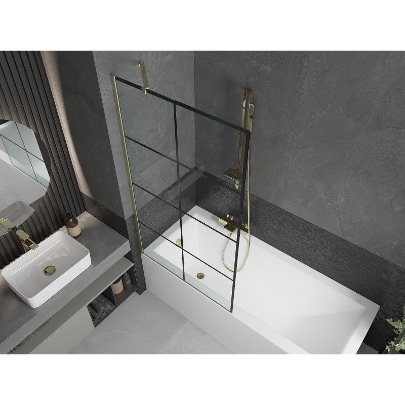 Mexen Next paroi de bain à 1 vantail 90 x 150 cm, quadrillage noir, doré brossé - 895-090-000-00-77-55
