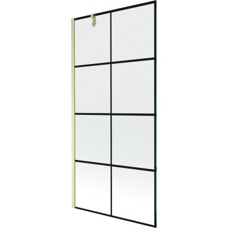 Mexen Next paroi de bain à 1 vantail 90 x 150 cm, quadrillage noir, doré brossé - 895-090-000-00-77-55