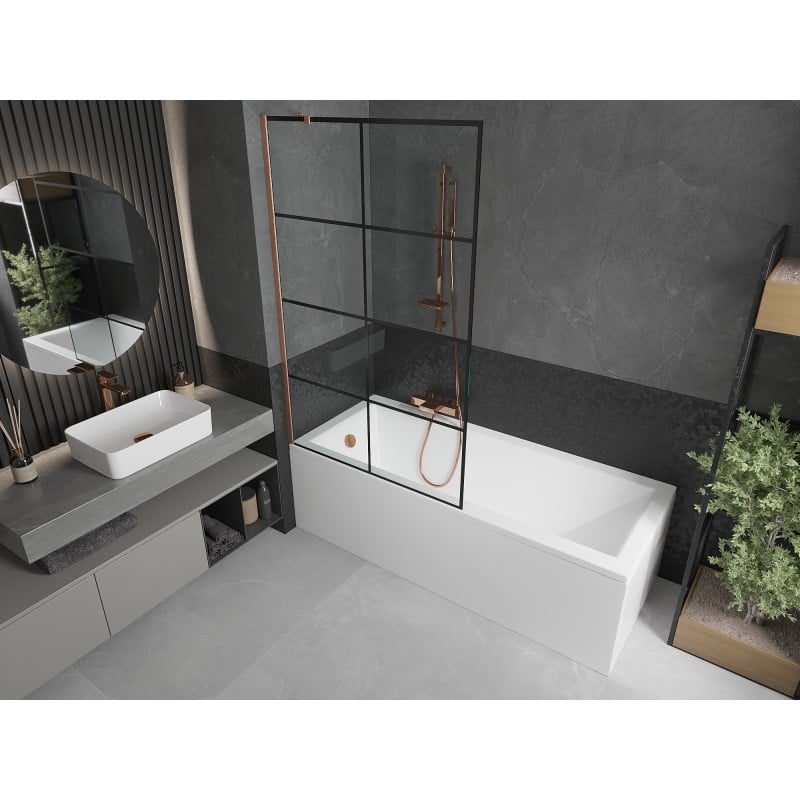 Mexen Next paroi de baignoire 1 volet 100 x 150 cm, motif carreaux noirs, cuivre brossé - 895-100-000-00-77-65