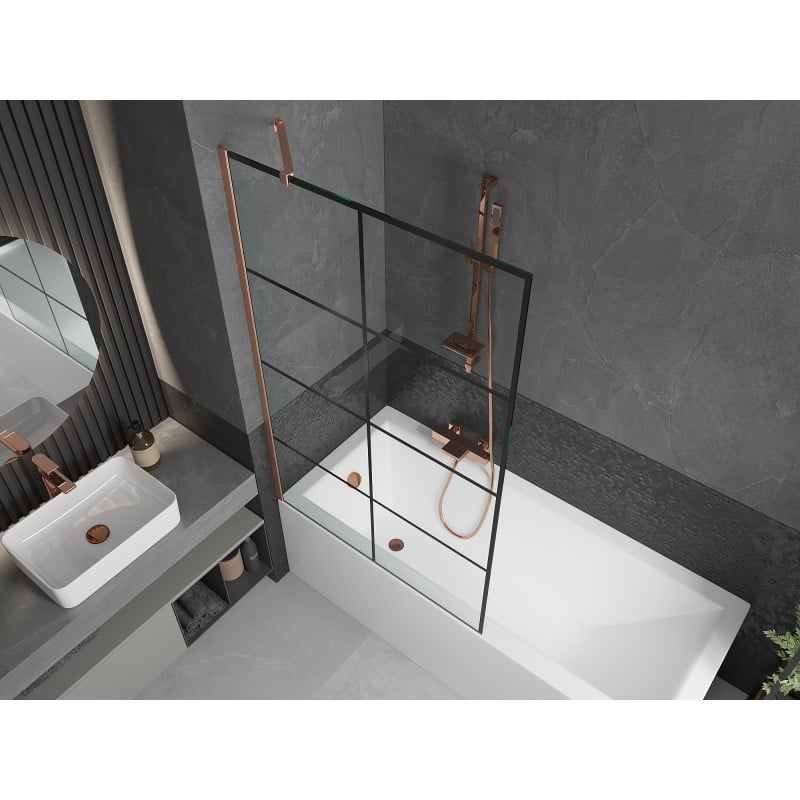 Mexen Next paroi de baignoire 1 volet 100 x 150 cm, motif carreaux noirs, cuivre brossé - 895-100-000-00-77-65