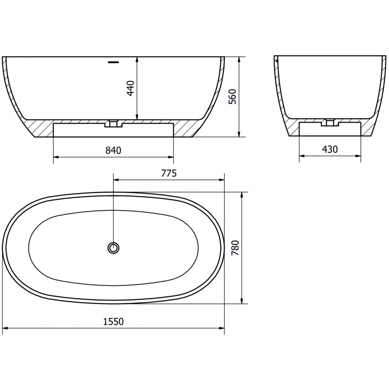 Mexen Torino baignoire autoportante en composite 155 x 78 cm, béton mat - 57271557861