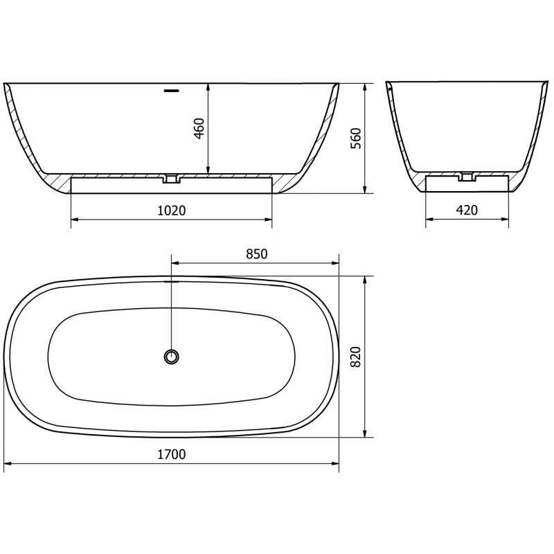 Mexen Como baignoire autoportante en conglomérat 170 x 82 cm, béton mat - 57311708261