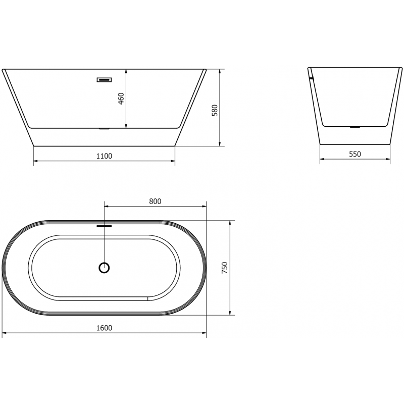 Mexen Flavia baignoire autoportante 160 x 75 cm, blanc/noir, trop-plein or brossé - 54031608075-55
