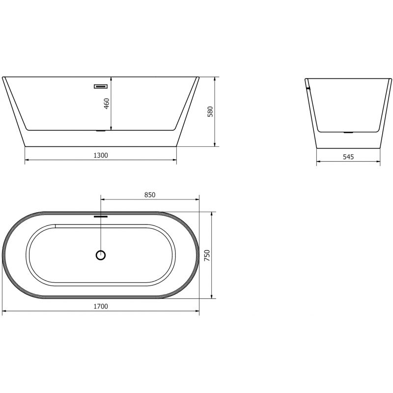 Mexen Flavia baignoire autoportante 170 x 75 cm, blanche/noire, trop-plein nickel brossé - 54031708075-97