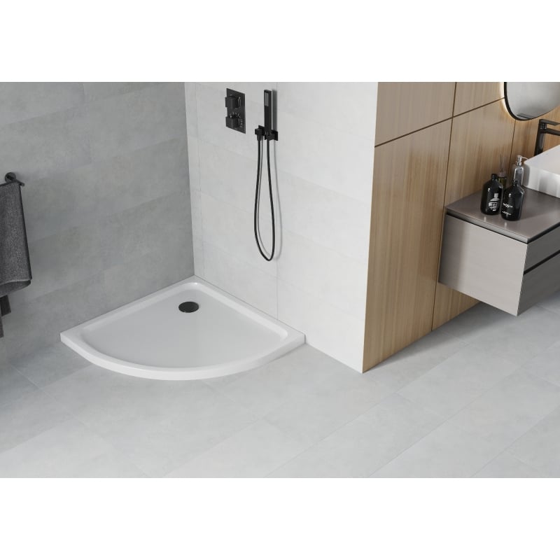 Mexen Flat receveur de douche demi-circulaire slim 80 x 80 cm, blanc, siphon noir - 41108080B