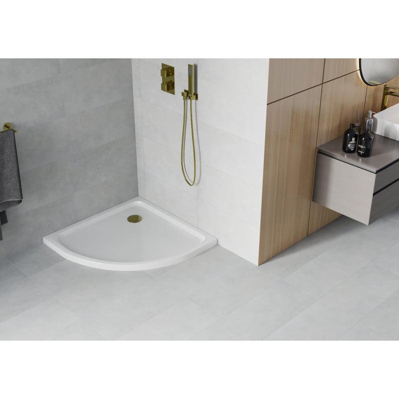 Mexen Flat receveur de douche semi-circulaire slim 90 x 90 cm, blanc, siphon doré - 41109090G
