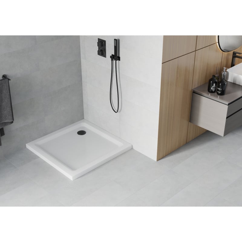 Mexen Flat receveur de douche carré slim 80 x 80 cm, blanc, siphon noir - 40108080B