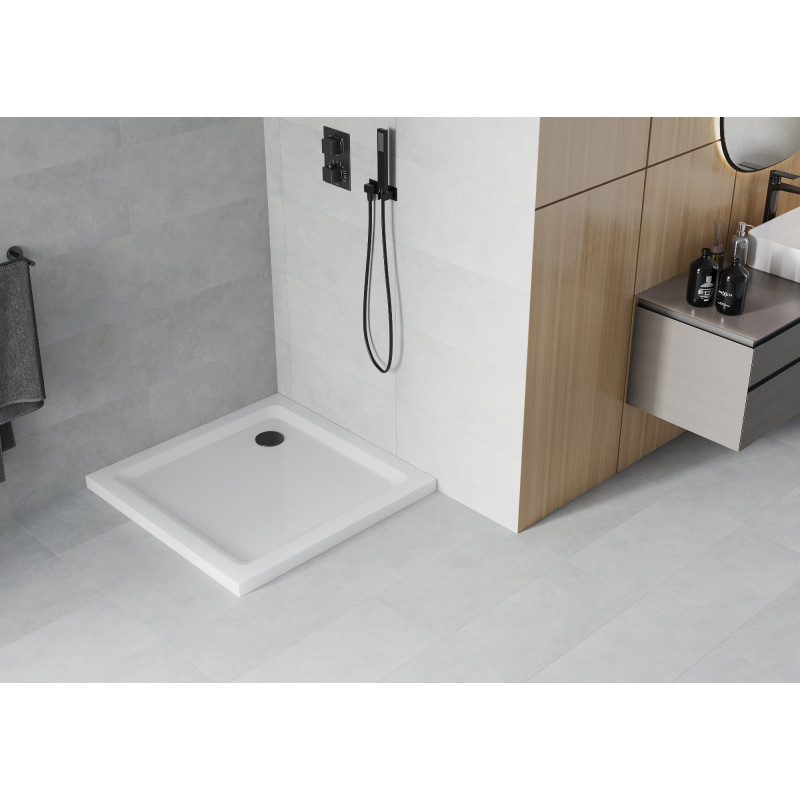 Mexen Flat receveur de douche carré slim 70 x 70 cm, blanc, siphon noir - 40107070B