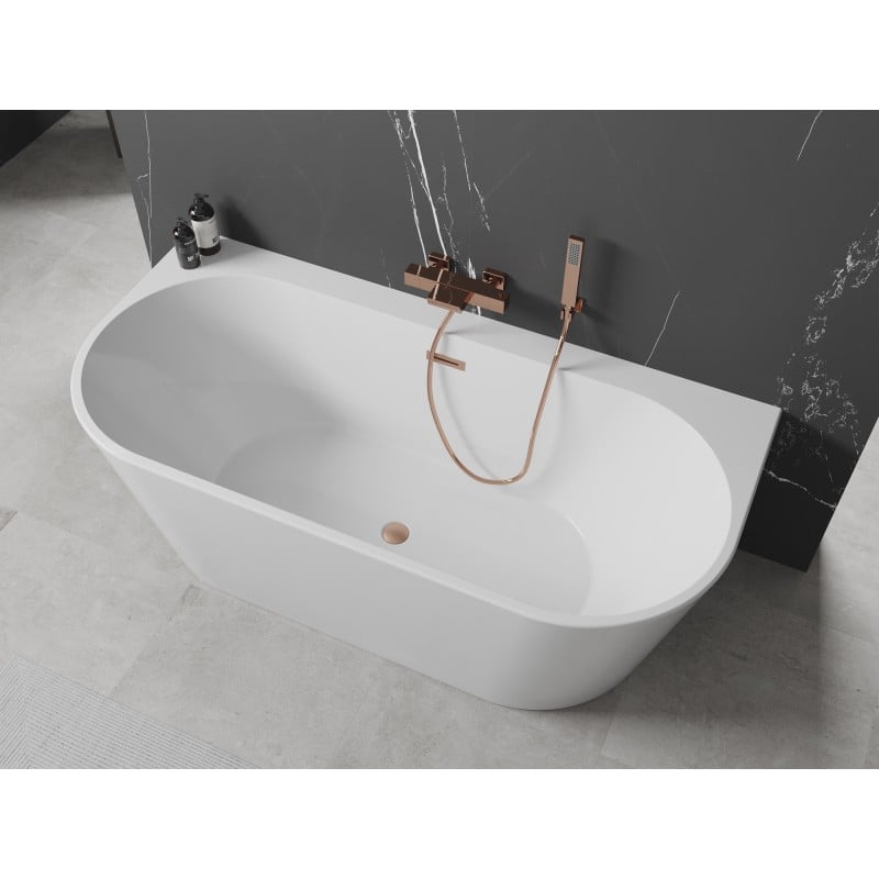 Mexen Oval+ baignoire autoportante adossée 170 x 80 cm, blanche, trop-plein en cuivre brossé - 52681708000-65
