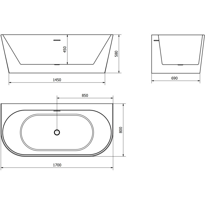 Mexen Oval+ baignoire autoportante adossée 170 x 80 cm, blanche, trop-plein nickel brossé - 52681708000-97
