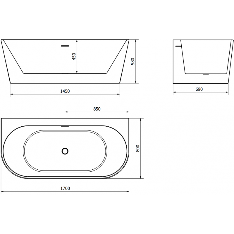 Mexen Oval+ baignoire autoportante murale 170 x 80 cm, blanche, trop-plein en nickel brossé - 52681708000-97
