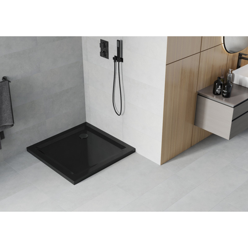 Mexen Flat receveur de douche carré slim 80 x 80 cm, noir, siphon noir - 40708080B