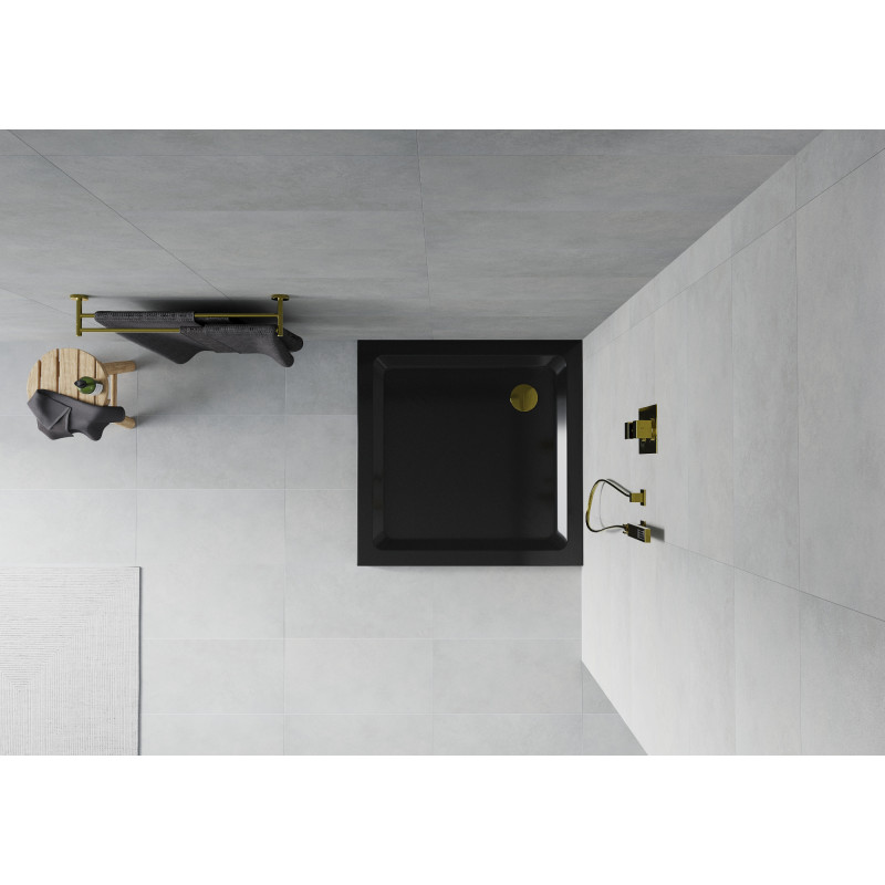 Mexen Flat receveur de douche carré slim 80 x 80 cm, noir, siphon doré - 40708080G