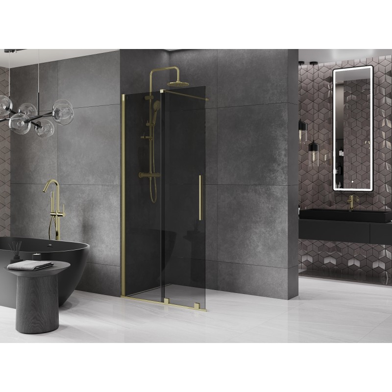 Mexen Velar Paroi de douche coulissante Walk-in 90 x 200 cm, graphite 8 mm, brossé doré - 871-090-000-43-55