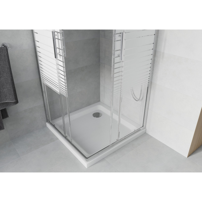 Mexen Rio cabine de douche carrée 90 x 90 cm, bandes blanches, chrome + receveur Flat, blanc - 860-090-090-01-20-4010